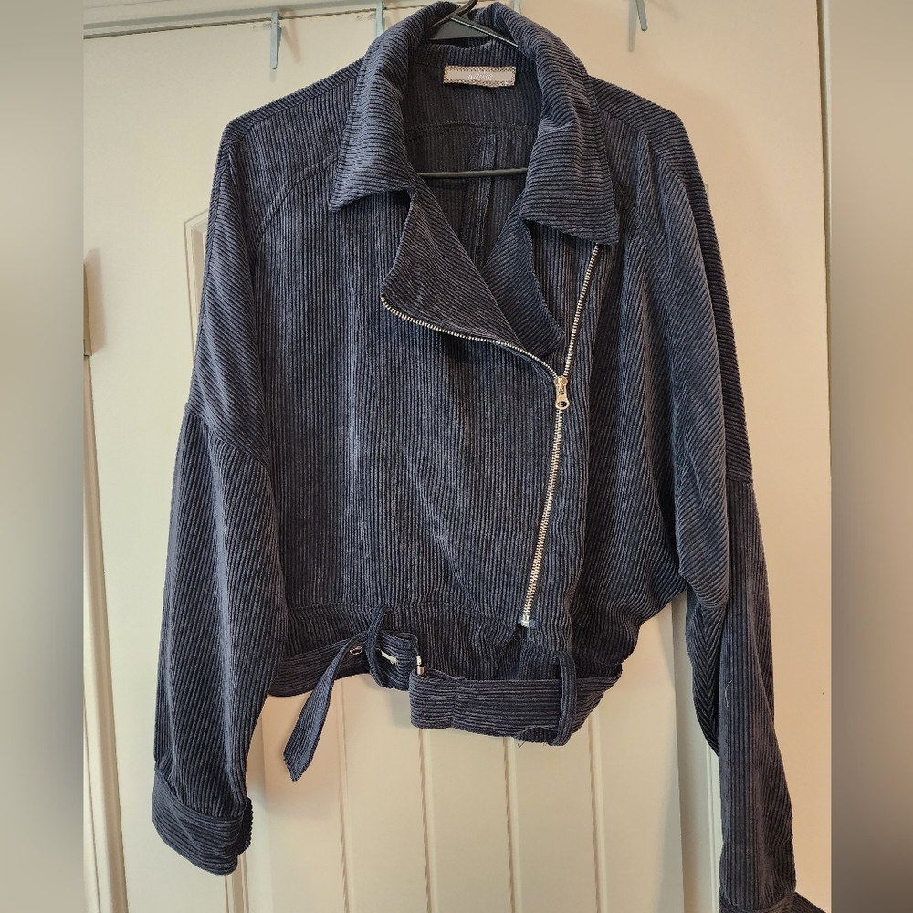 Addie Women's Slate Blue Corduroy Bomber Jacket Size L Y2K Grunge Moto